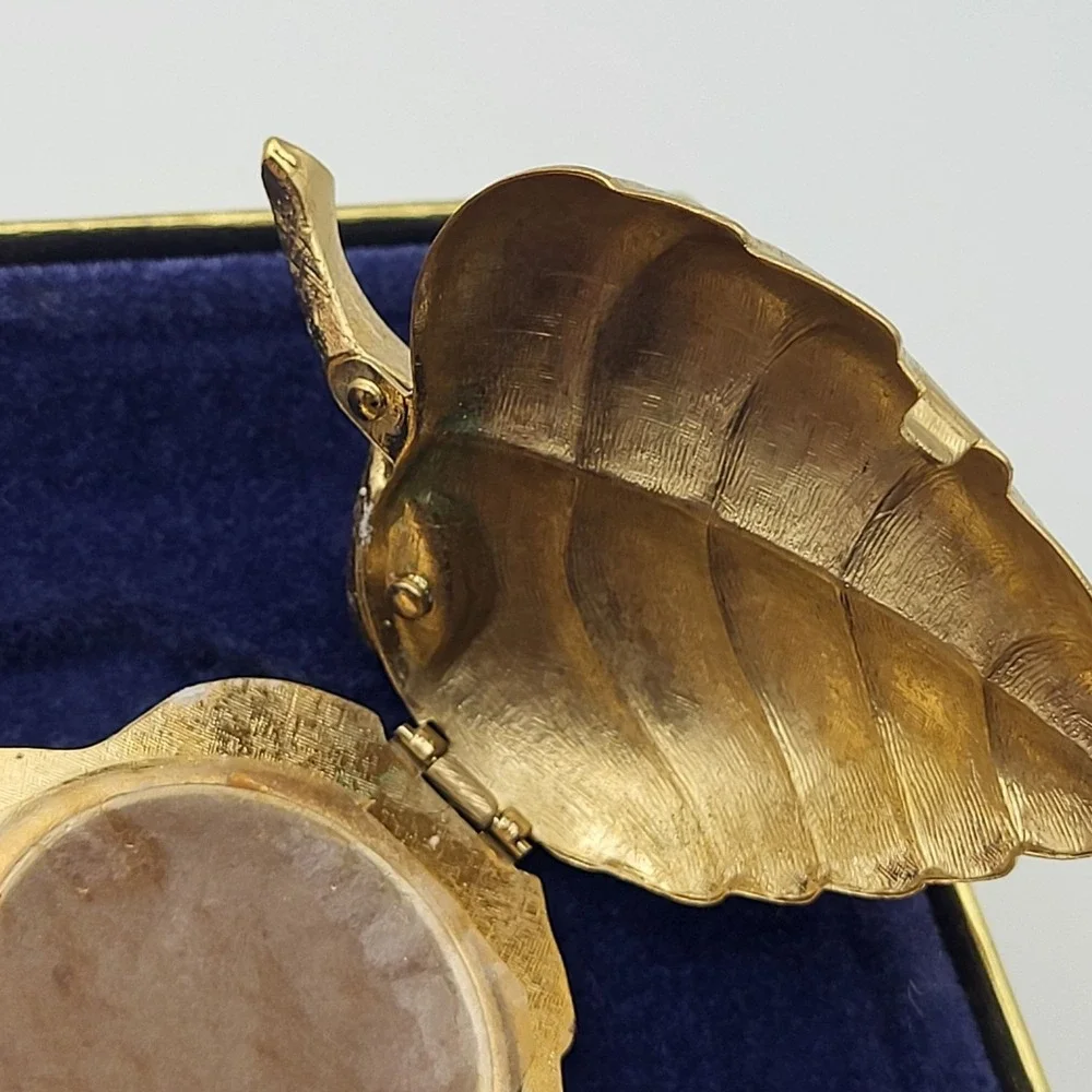 Vintage Avon Gold Tone Locket Brooch Perfume Leaf With Faux Pearl
